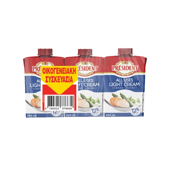 President Κρέμα Γάλακτος Light 12%  Λιπαρά 200ml x3τμχ