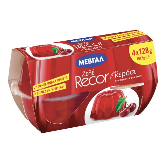 ΜΕΒΓΑΛ Ζελέ Recor Με Γεύση Κεράσι και Κομμάτια Φρούτων 4x128gr