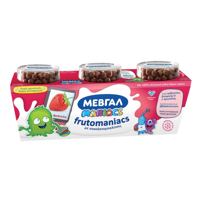 ΜΕΒΓΑΛ Frutomaniacs Επιδόρπιο Γιαουρτιού με Φράουλα και Σοκολατομπαλίτσες ΙΟΝ 3x140gr