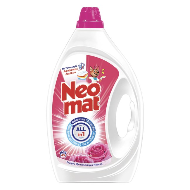 Neomat Gel Απορρυπαντικό Πλυντηρίου Ρούχων Άνθη Τριανταφυλλιάς 45 Μεζ