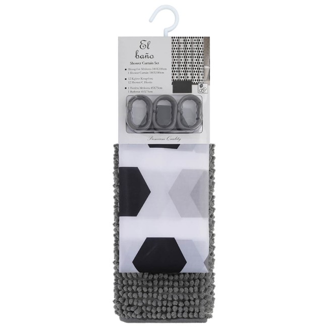Σέτ Κουρτίνα 180x180cm Ταπέτο Μπάνιου 45x75cm Hexagon