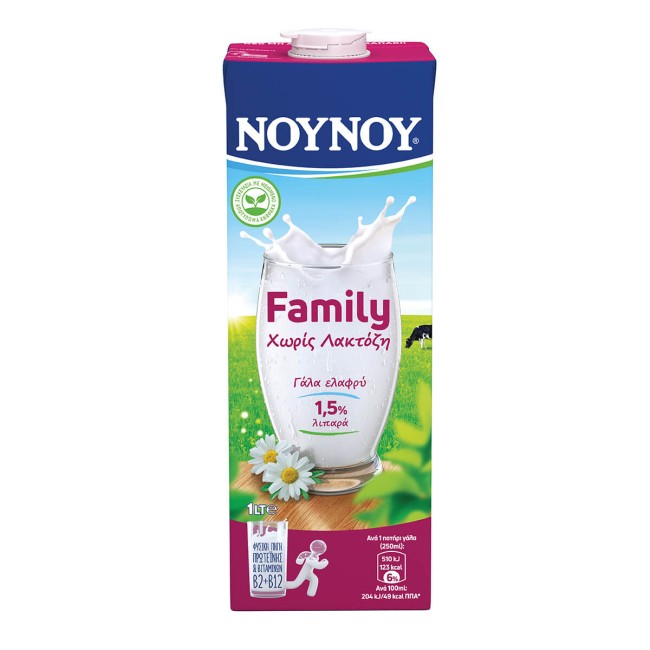 ΝΟΥΝΟΥ Family Light Γάλα Υψηλής Παστερίωσης Χωρίς Λακτόζη 1lt