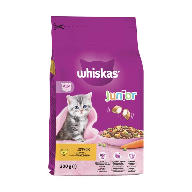 Whiskas Junior Τροφή Για Γατάκια Κοτόπουλο 300gr Whiskas Junior τροφή για γατάκια με κοτόπουλο και γεμιστές κροκέτες 300gr