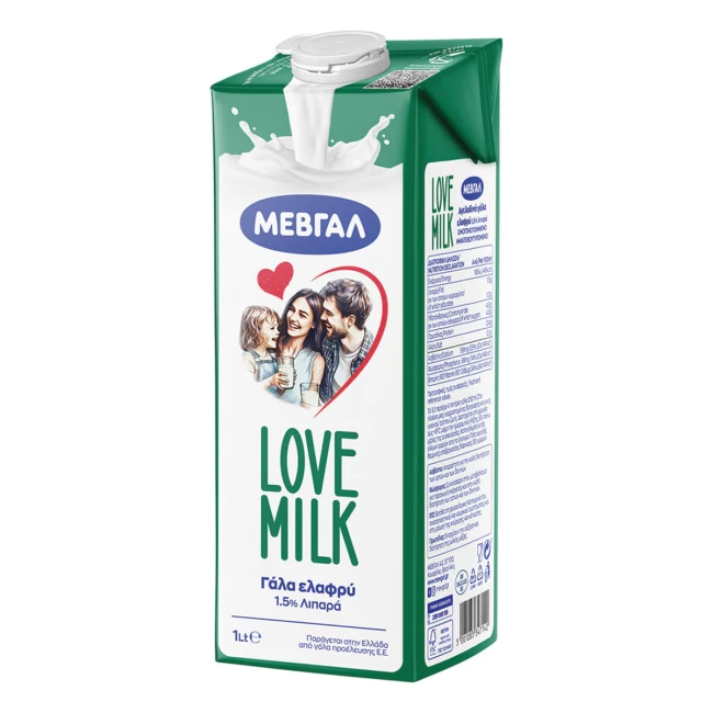 ΜΕΒΓΑΛ Γάλα Υψηλής Παστερίωσης 1,5% Love Milk 1L